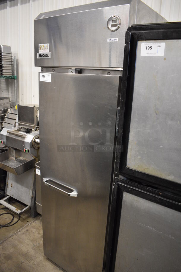 2011 McCall Model MCCR25-S Stainless Steel Commercial Single Door Reach In Cooler w/ Poly Coated Racks. Comes w/ Commercial Casters. 115 Volts, 1 Phase. 25x32x75. Tested and Working!