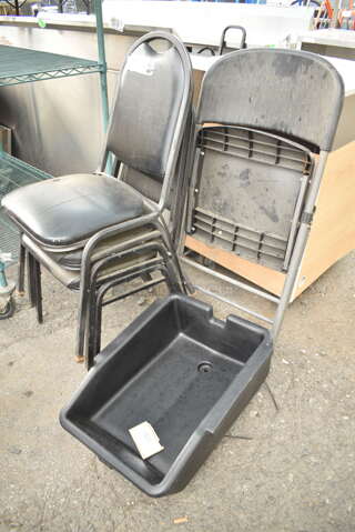 5 BRAND NEW SCRATCH AND DENT! Items; HP5029307 Manitowoc Ice 5029307 Drainpan, Black Folding Chair and 3 Black Metal Stackable Banquet Chairs. 5 Times Your Bid!