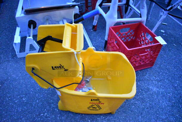 BRAND NEW SCRATCH AND DENT! Lavex Yellow Poly Mop Bucket w/ Wringing Attachment.  - Image 2 of 4