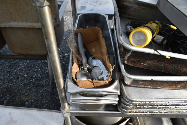 Metal 4 Tier Shelving Unit w/ Contents Including Stainless Steel Drop In Bins and Metal Baking Pans.  - Image 7 of 10