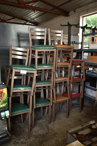 14 Brown Metal Dining Height Chairs; 7 Green Cushions, 4 Tan Cushions and 3 Red Cushions. 14 Times Your Bid!