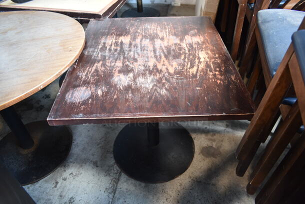 8 Wood Pattern Dining Height Tables on Black Metal Table Base; 1 Round and 7 Rectangular. 8 Times Your Bid! - Image 2 of 8