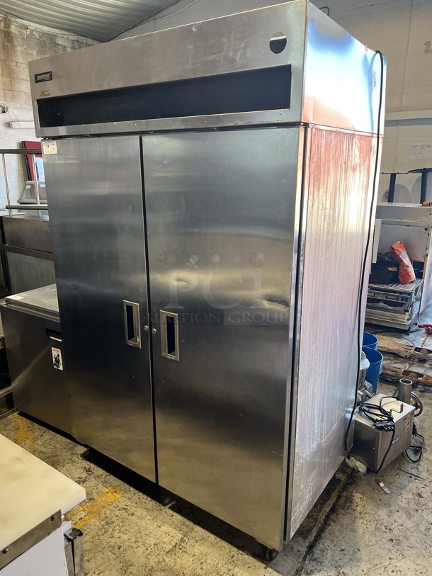 Delfield Model 6151-S Stainless Steel Commercial 2 Door Reach In Freezer on Commercial Casters. 115 Volts, 1 Phase. 51x33x79. Cannot Test Due To Cut Power Cord