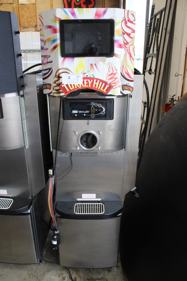 2017 Taylor Model C709-27 Stainless Steel Commercial Air Cooled Single Flavor Soft Serve Ice Cream Machine w/ Taylor Model C20100-WFB 10 Head Flavor Blast and Color Touch Panel for Flavor Burst on Commercial Casters. Comes w/ Tune Up Kit Parts! 208-230 Volts, 1 Phase. 24x33x73