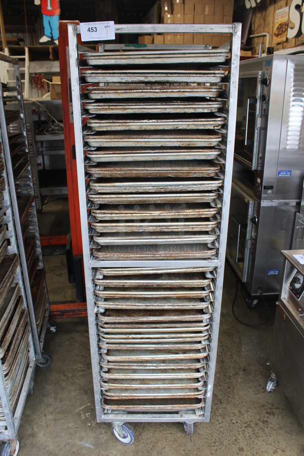 Metal Commercial Pan Transport Rack w/ 57 Full Size Baking Pans on Commercial Casters. 20.5x26x69.5. Baking Pans 18x26x1
