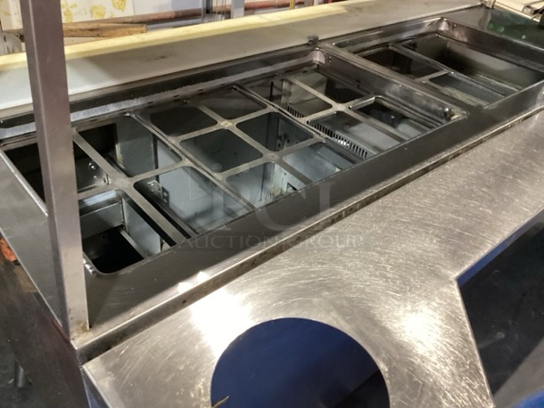 Randell Stainless Steel Dual-Sided Refridgerated Work Island, Multi-Pan Prep Table W/Two -Door and Two Drawers  Refrigerated Storage. Tested And Working. 84 x  46/52 x 58.
 - Image 3 of 11