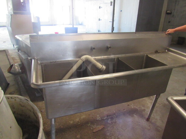 One 3 Compartment Sink With Right Side Drain Tbale. No Faucet. 72X26X45. Sink 18X18X14 - Image 2 of 3