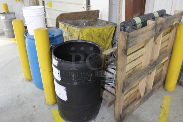 ALL ONE MONEY! Lot of Various Items Including Poly Barrels, Laundry Cart and Wooden Pallet. BUYER MUST REMOVE. - Image 1 of 4
