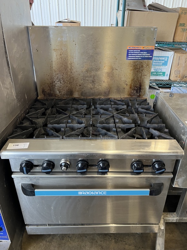 Radiance Stainless Steel Commercial Natural Gas Powered 6 Burner Range w/ Oven and Back Splash. 36x32x57