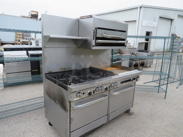One Continental Natural Gas 6 Burner/24 Inch Griddle Range With SS Over Shelf, 2 Racks, And Salamander On Casters. 61X35X74 - Image 2 of 3