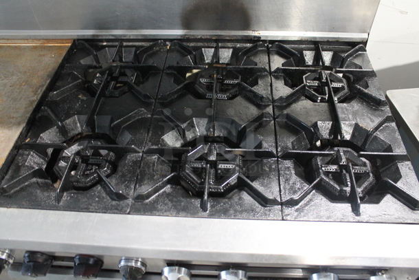 Dynamic Cooking Systems DCS 60-24G6-2N Stainless Steel Commercial Natural Gas Powered 6 Burner Range w/ Left Side Flat Top Griddle, 2 Ovens, Over Shelf and Back Splash on Commercial Casters. - Image 3 of 11