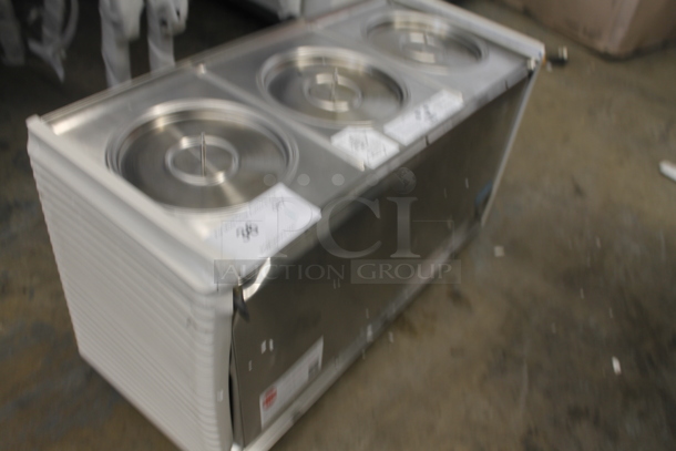 BRAND NEW SCRATCH AND DENT! Crathco D35-4 Stainless Steel Commercial Countertop 3 Hopper Refrigerated Beverage Machine Base. 115 Volts, 1 Phase. Tested and Working! - Image 2 of 6