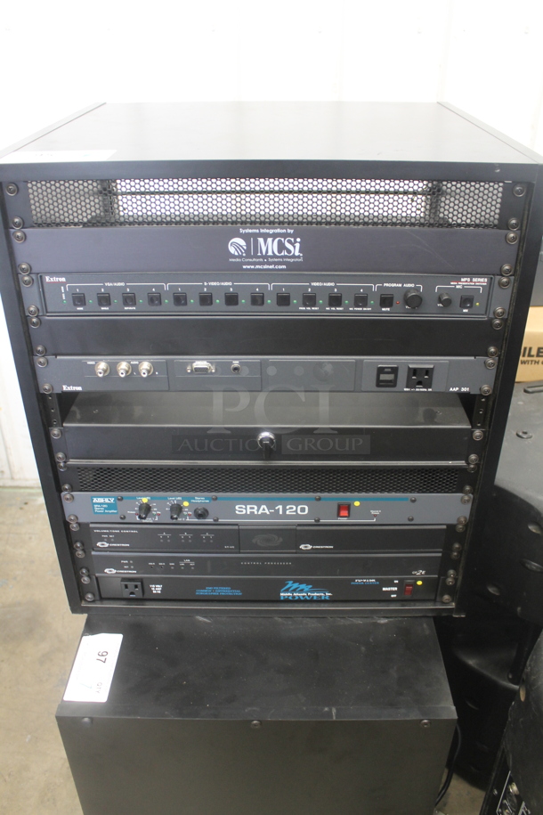 6 Electronic Rack Units in Black Metal Cabinet; Middleby Atlantic Power Center, Crestron Control Processor, Crestron Volume Tone Control, Ashly SRA-120 Power Amplifier, Extron AAP 301 Interface Extron Media Presentation Switcher. 6 Times Your Bid!   - Image 1 of 12