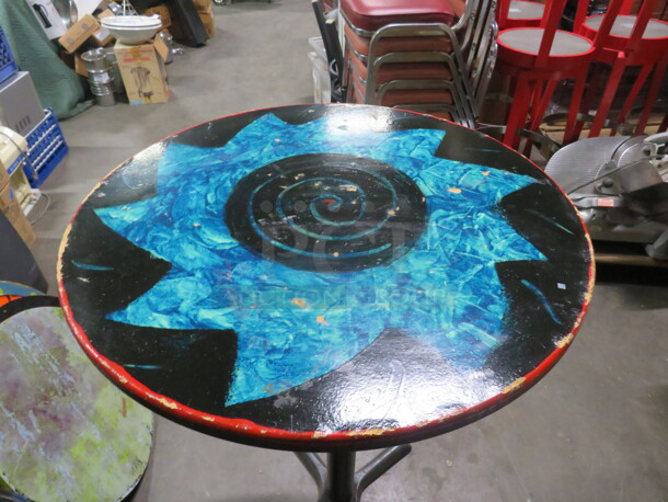 One 30X30X342 Abstract Round Painted  Table Top On A Bar Height Pedestal Base.  - Image 1 of 2