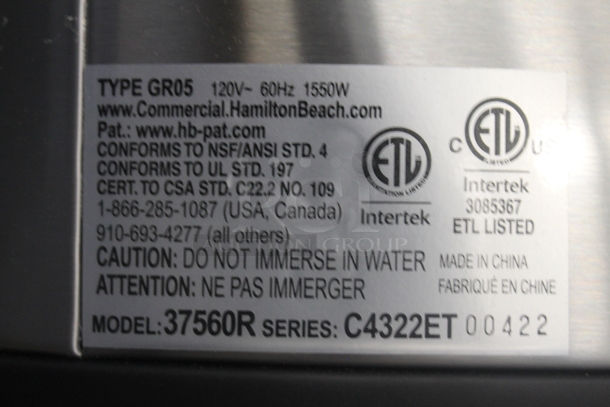 BRAND NEW SCRATCH AND DENT! Hamilton Beach 37560R Stainless Steel Commercial Countertop Rice Cooker Warmer. 120 Volts, 1 Phase. Tested and Working! - Image 5 of 5