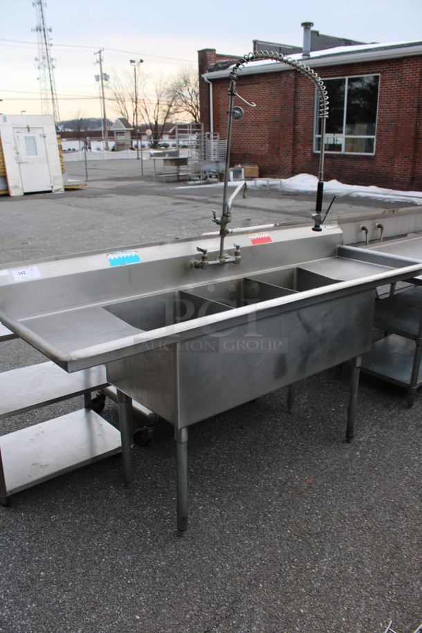 Duke Stainless Steel Commercial 3 Bay Sink w/ Dual Drainboards, Faucet, Handles and Spray Nozzle Attachment. 84x27x44. Bays 16x21x14. Drainboards 16x23x1