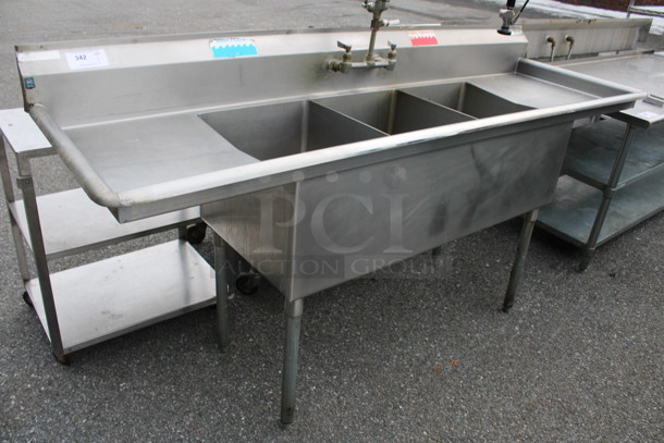 Duke Stainless Steel Commercial 3 Bay Sink w/ Dual Drainboards, Faucet, Handles and Spray Nozzle Attachment. 84x27x44. Bays 16x21x14. Drainboards 16x23x1 - Image 3 of 6