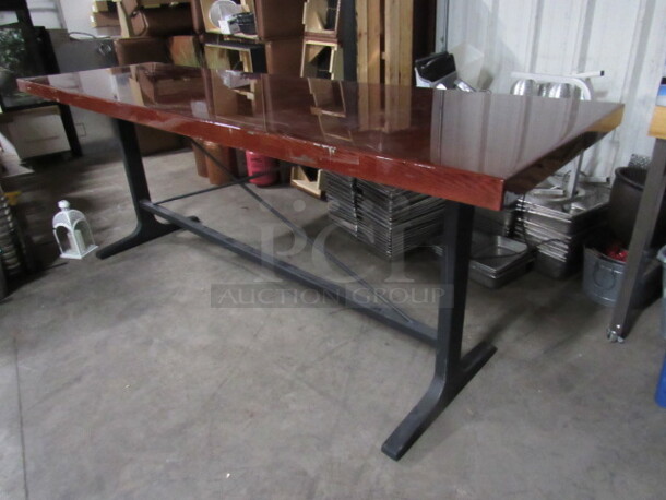 One Bar Height Wooden Table With Heavy Laquered Top, And An Industrial Looking Metal Base. 110X32X41 - Image 4 of 4