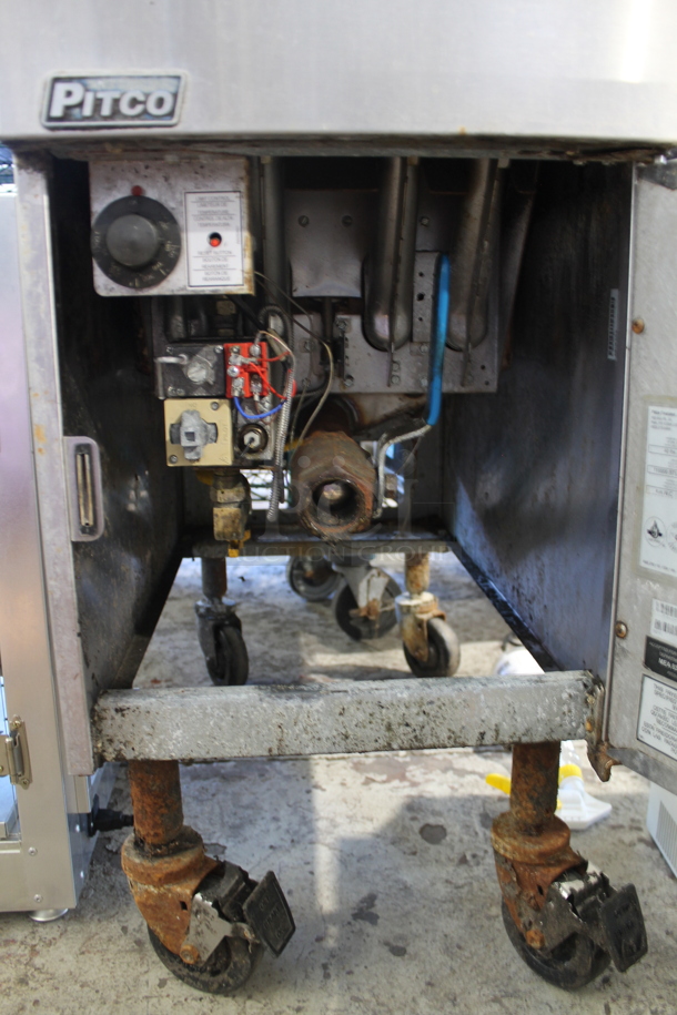 2015 Pitco Frialator SG14 Stainless Steel Commercial Floor Style Natural Gas Powered Deep Fat Fryer w/ 2 Metal Fry Baskets on Commercial Casters. 110,000 BTU. - Image 3 of 4