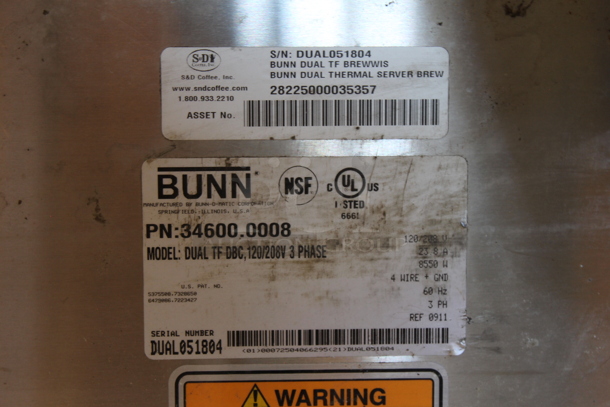 2011 Bunn DUAL TF DBC Stainless Steel Commercial Countertop Double Coffee Machine w/ Hot Water Dispenser and Metal Brew Basket. 120/240 Volts, 1 Phase.  - Image 3 of 4