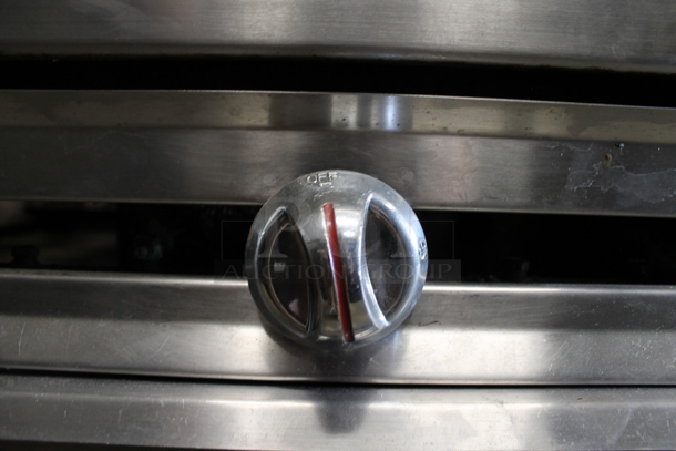 Stainless Steel Commercial Countertop Natural Gas Powered 2 Burner Charbroiler Grill and Flat Top Griddle Station w/ 2 Tier Over Shelf on Commercial Casters. - Image 8 of 11