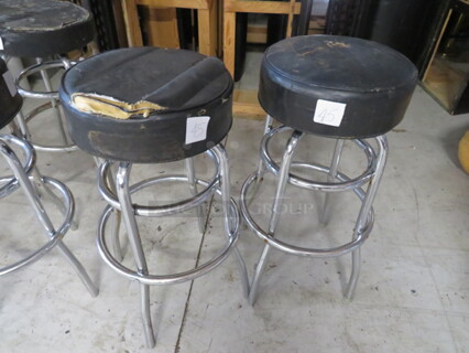 Double Chrome Ring Bar Stool With A Black Cushioned Swivel Seat. Need To Be Recovered. 2XBID