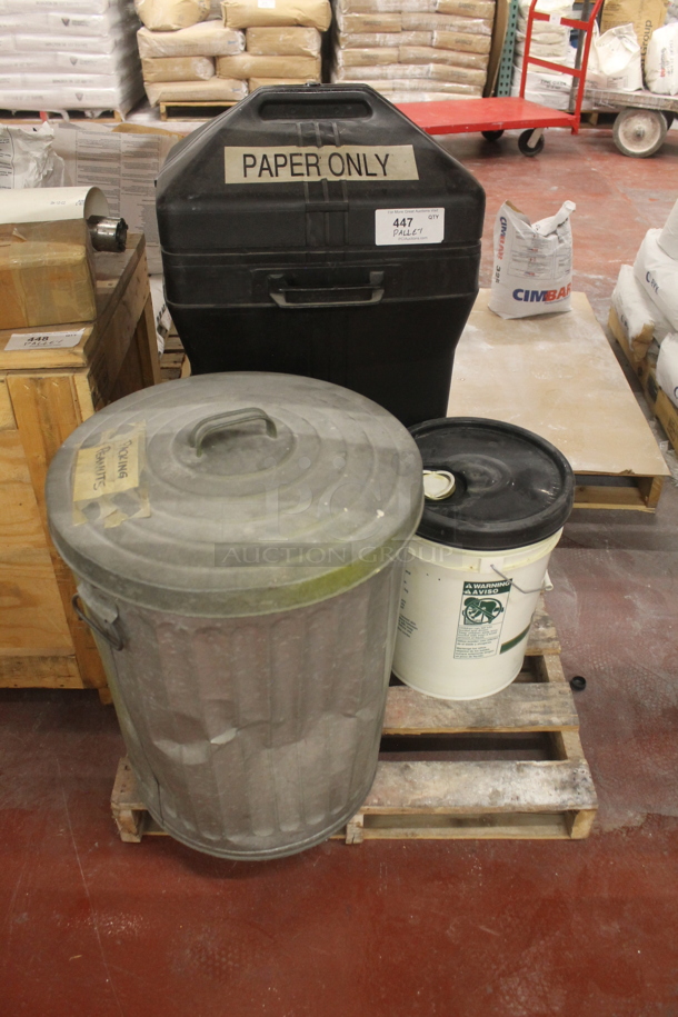 ALL ONE MONEY! THREE PALLET LOT of Various Items Including Metal Trash Can and Black Poly Trash Can. BUYER MUST REMOVE. - Image 1 of 3