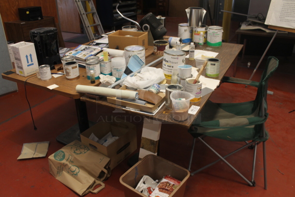 ALL ONE MONEY! Lot of Various Items Including 3 Tables w/ Contents; Liquid Rubber, Mr Coffee Coffee Machine and Chair. BUYER MUST REMOVE. - Image 2 of 6