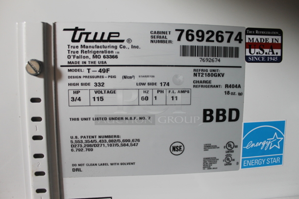 2013 True T-49F ENERGY STAR Stainless Steel Commercial 2 Door Reach In Freezer w/ Poly Coated Racks. 115 Volts, 1 Phase. Tested and Working! - Image 8 of 9