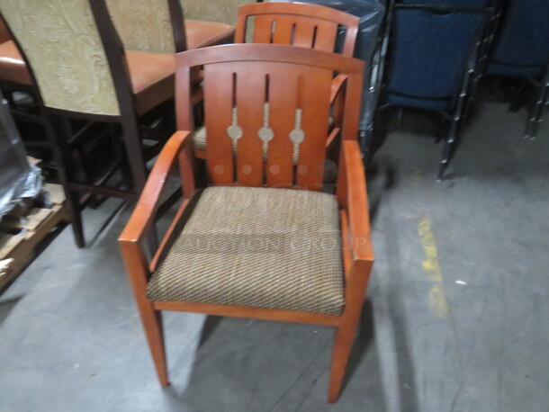 Wooden Arm Chair With  Tweed Cushioned Seat And Back. 2XBID