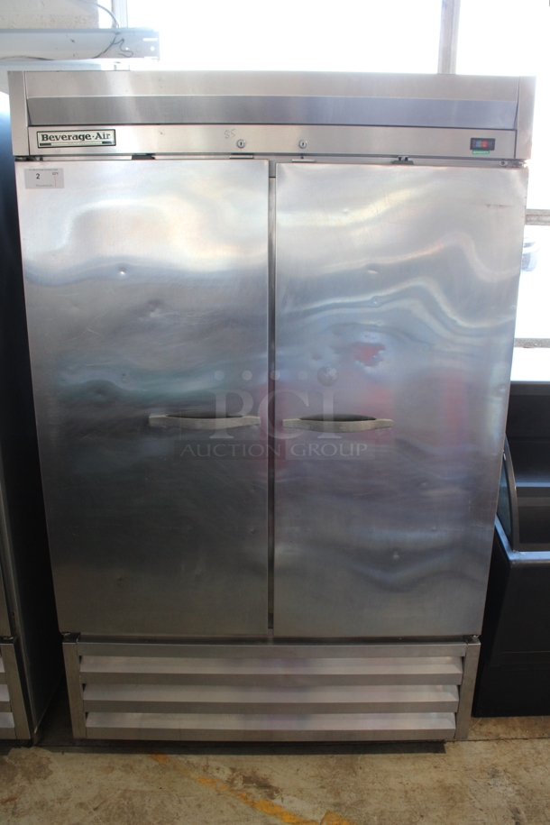 Beverage Air Model KR48-1AS Stainless Steel Commercial 2 Door Reach In Cooler w/ Poly Coated Racks on Commercial Casters. 115 Volts, 1 Phase. 52x34x82.5. Tested and Working!