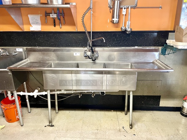 BEAUTIFUL!!  Regency Spec Line 88" 14 Gauge Stainless Steel Three Compartment Commercial Sink with 2 Drainboards On Legs With Adjustable Bullet Feet + Pre-Wash Unit. 88x25-1/2x45-3/8 - Image 3 of 4