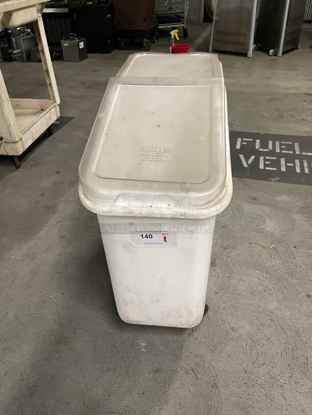 Cambro 27 Gallon / 430 Cup White Slant Top Mobile Ingredient Storage Bin with 2-Piece Sliding Lid & S-Hook - Image 3 of 7
