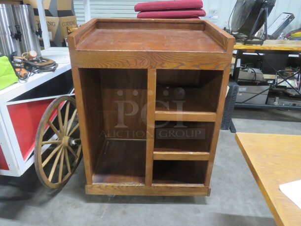 One Wooden Hostess Stand With Under Storage, On Casters, With A Please Wait To Be Seated Sign. 37X27X53 - Image 1 of 2