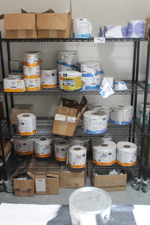 Black 4 Tier Wire Shelving Unit w/ Contents Including Labels on Commercial Casters. BUYER MUST REMOVE. - Image 1 of 7