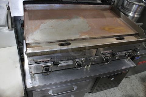 Garland Stainless Steel Commercial Countertop Natural Gas Powered Flat Top Griddle on Stainless Steel 2 Drawer Chef Base. Chef Base Tested and Working!