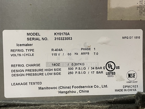 **More Photos Coming Soon** Manitowoc Koolaire KY0170A Self-Contained Cube Ice Machine, Air Cooled, Half Dice, 123 Lbs/Day, 80 Lbs Storage, 26" W X 19" D X 32-1/2" H, 115/1/60  - Image 2 of 3