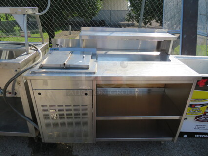 One Silver King Desert Table With 2 Under Shelves, 1 Over Shelf, Freezer, And Faucet. 50X28X42.5