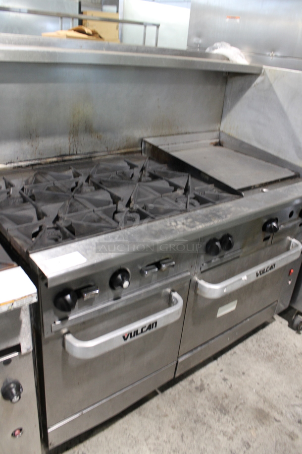 LATE MODEL! Vulcan 60SC-6B24GN Stainless Steel Commercial Natural Gas Powered 6 Burner Range w/ Right Side Flat Top Griddle, Convection Oven, Oven, Over Shelf and Back Splash. - Image 2 of 12