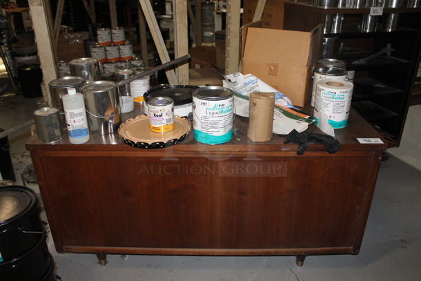 Wood Pattern Desk w/ Contents Including Liquid Roof, Liquid Rubber and Blue Magic Catalyst. - Image 1 of 10