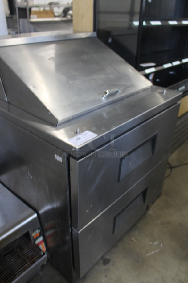 2013 True TFP-32-12M-D-2 Stainless Steel Commercial Sandwich Salad Prep Table Bain Marie Mega Top w/ 2 Drawers and Drop In Bins on Commercial Casters. 115 Volts, 1 Phase. Tested and Powers On But Does Not Get Cold - Image 2 of 7