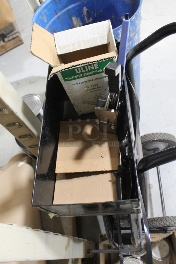 ALL ONE MONEY! Lot of Black Metal Pallet Strap Reel, Blue Barrel and Boxes w/ Tins.  - Image 5 of 8