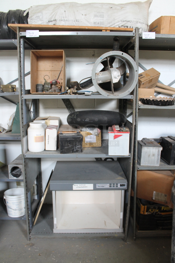 Gray Metal 4 Tier Shelving Unit w/ Contents Including GretagMacbeth The Judge II Cabinet. BUYER MUST REMOVE. - Image 1 of 4