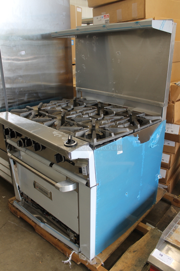 BRAND NEW SCRATCH AND DENT! LATE MODEL! Garland Stainless Steel Commercial Natural Gas Powered 6 Burner Range w/ Convection Oven, Over Shelf and Back Splash.  - Image 7 of 8
