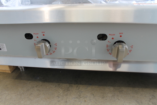 BRAND NEW SCRATCH AND DENT! 2023 Cooking Performance Group CPG 351GTCPG48NL Stainless Steel Commercial Countertop Natural Gas Powered Flat Top Griddle w/ Thermostatic Controls. 120,000 BTU.  - Image 2 of 5