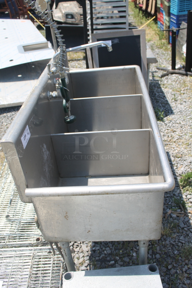 Advance Tabco 6-3-54 Commercial Stainless Steel 3 Bay Sink With Gooseneck Faucet And Pre-Rinse Faucet On Galvanized Legs. - Image 7 of 9