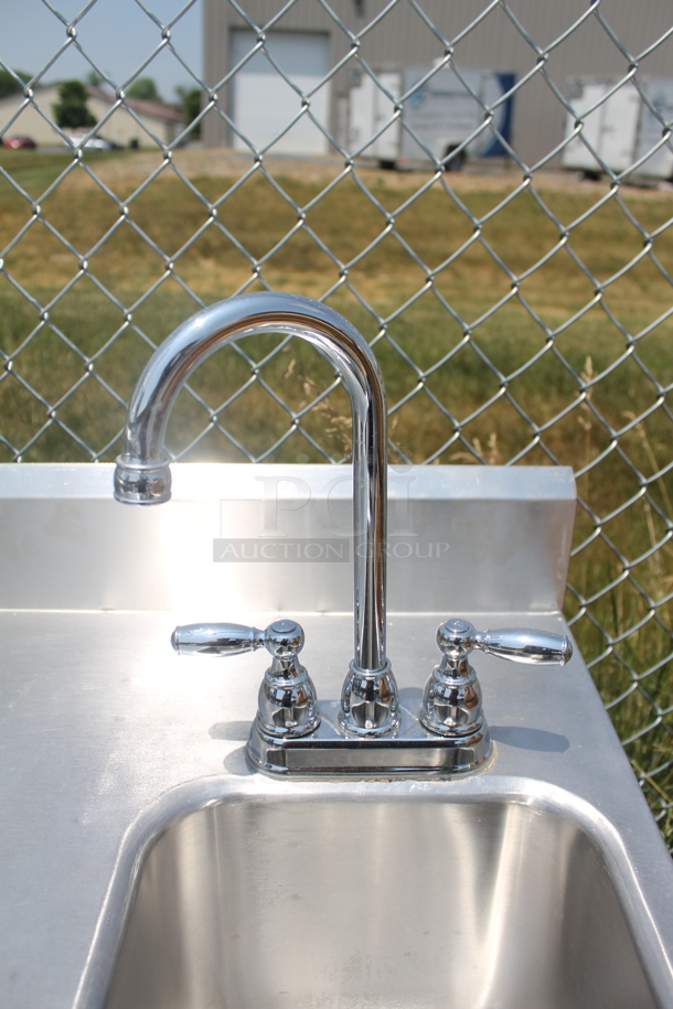 Commercial Stainless Steel Hand Sink With Backsplash And Gooseneck Faucet On Single Door Open Cabinet Base. - Image 4 of 7
