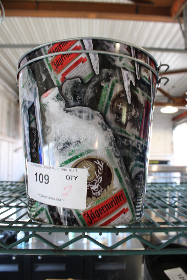 2 BRAND NEW! Metal Jagermeister Beer Buckets. 9.5x9.5x9. 2 Times Your Bid!