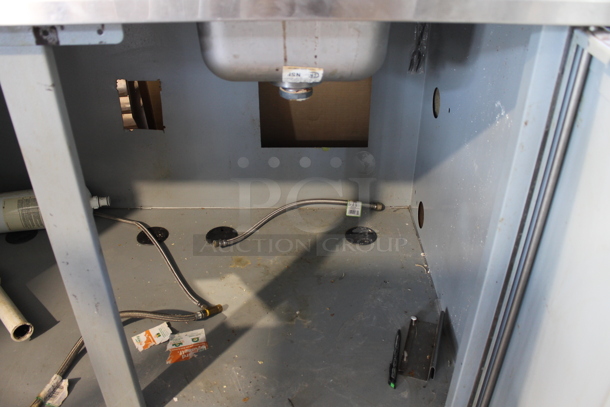 Duke Stainless Steel Commercial Counter w/ Sink Basin, Faucet, Handle, Back Splash and 2 Wood Pattern Doors. - Image 6 of 6