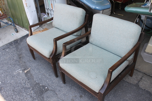 2 Wooden Dining Height Chairs w/ Arm Rests and Blue Seat Cushion. 2 Times Your Bid! - Image 3 of 4